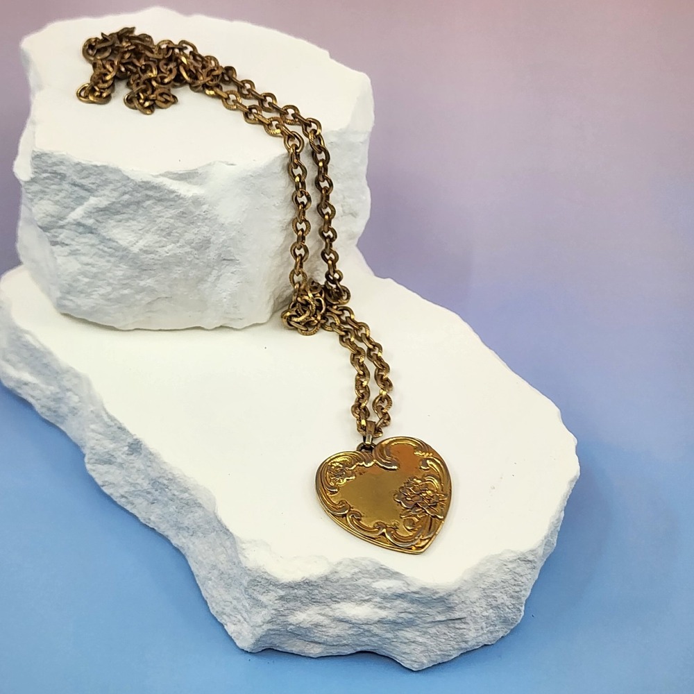 Gold Tone Heart Pendant Necklace Floral Scroll Love Romantic Vintage Statement